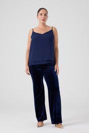 Şifon Garnili Burgu Çiçek Detaylı Ceket Kadife Pantolon 3'lü Takım - Lacivert