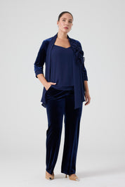 Şifon Garnili Burgu Çiçek Detaylı Ceket Kadife Pantolon 3'lü Takım - Lacivert