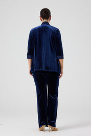 Şifon Garnili Burgu Çiçek Detaylı Ceket Kadife Pantolon 3'lü Takım - Lacivert