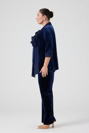 Şifon Garnili Burgu Çiçek Detaylı Ceket Kadife Pantolon 3'lü Takım - Lacivert