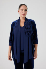 Şifon Garnili Burgu Çiçek Detaylı Ceket Kadife Pantolon 3'lü Takım - Lacivert