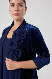 Şifon Garnili Burgu Çiçek Detaylı Ceket Kadife Pantolon 3'lü Takım - Lacivert
