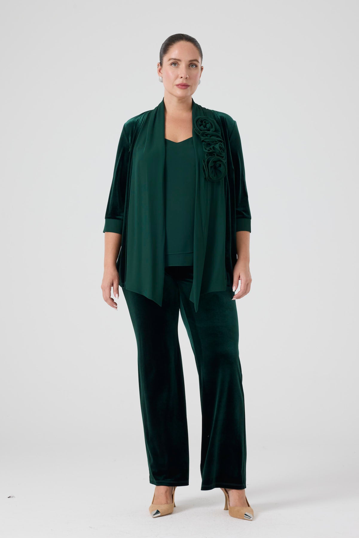 Şifon Garnili Burgu Çiçek Detaylı Ceket Kadife Pantolon 3'lü Takım - Zümrüt