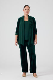 Şifon Garnili Burgu Çiçek Detaylı Ceket Kadife Pantolon 3'lü Takım - Zümrüt