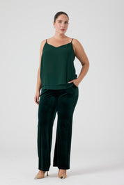 Şifon Garnili Burgu Çiçek Detaylı Ceket Kadife Pantolon 3'lü Takım - Zümrüt