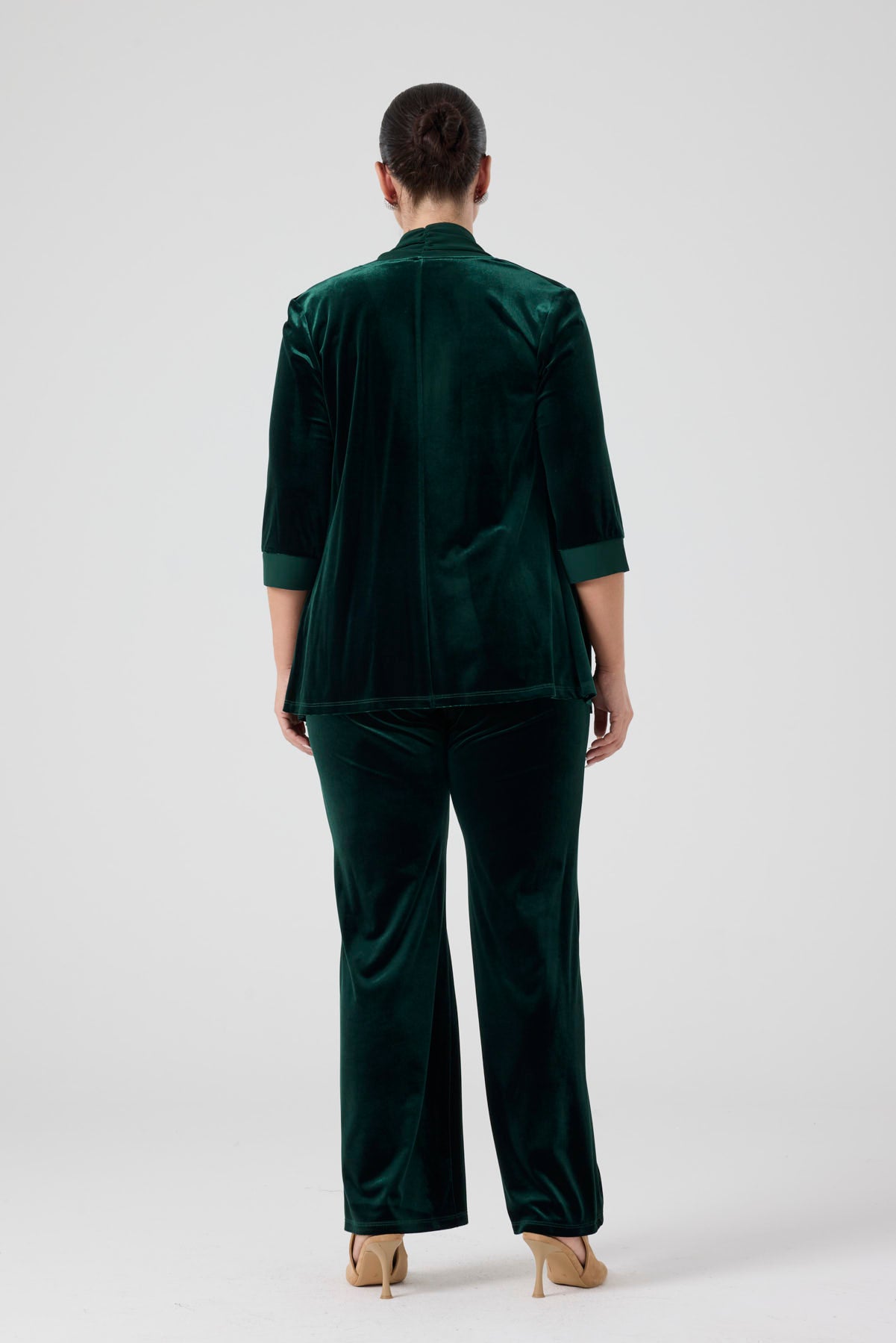 Şifon Garnili Burgu Çiçek Detaylı Ceket Kadife Pantolon 3'lü Takım - Zümrüt