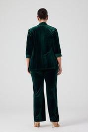 Şifon Garnili Burgu Çiçek Detaylı Ceket Kadife Pantolon 3'lü Takım - Zümrüt