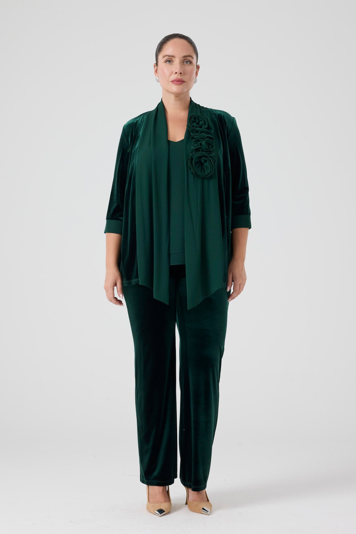 Şifon Garnili Burgu Çiçek Detaylı Ceket Kadife Pantolon 3'lü Takım - Zümrüt