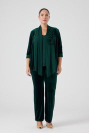 Şifon Garnili Burgu Çiçek Detaylı Ceket Kadife Pantolon 3'lü Takım - Zümrüt