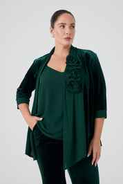 Şifon Garnili Burgu Çiçek Detaylı Ceket Kadife Pantolon 3'lü Takım - Zümrüt