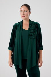 Şifon Garnili Burgu Çiçek Detaylı Ceket Kadife Pantolon 3'lü Takım - Zümrüt