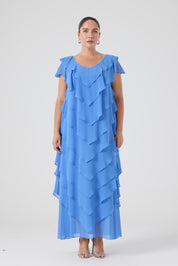 Fırfırlı Katlı Elbise - Hava Mavisi