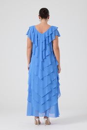 Fırfırlı Katlı Elbise - Hava Mavisi