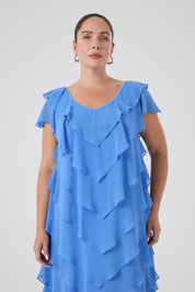 Fırfırlı Katlı Elbise - Hava Mavisi
