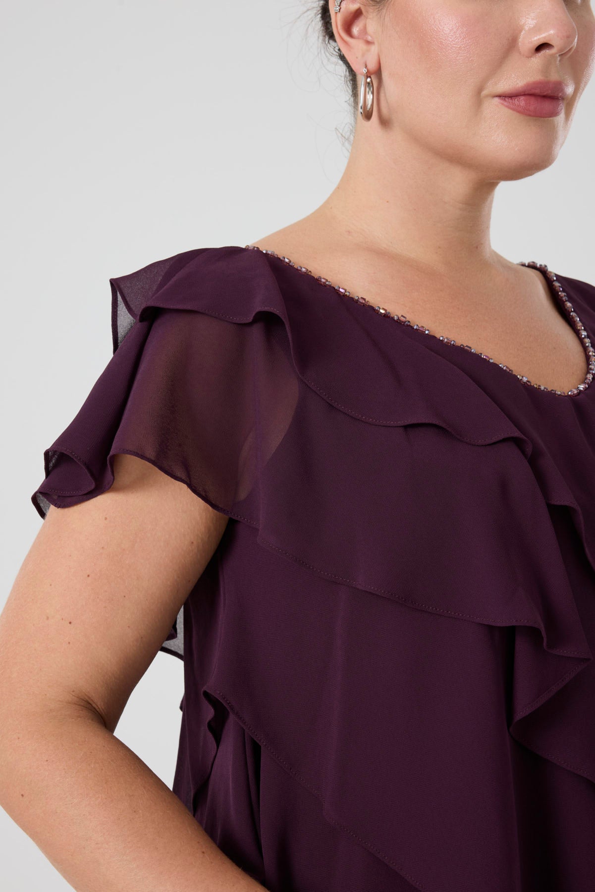 Fırfırlı Katlı Elbise - Mürdüm