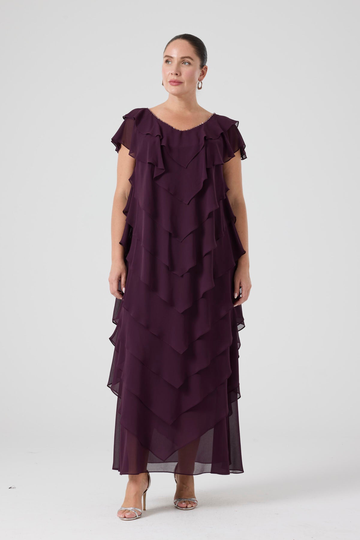 Fırfırlı Katlı Elbise - Mürdüm