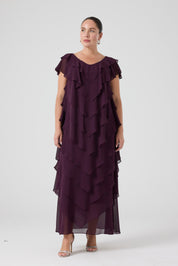 Fırfırlı Katlı Elbise - Mürdüm