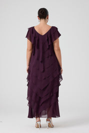 Fırfırlı Katlı Elbise - Mürdüm