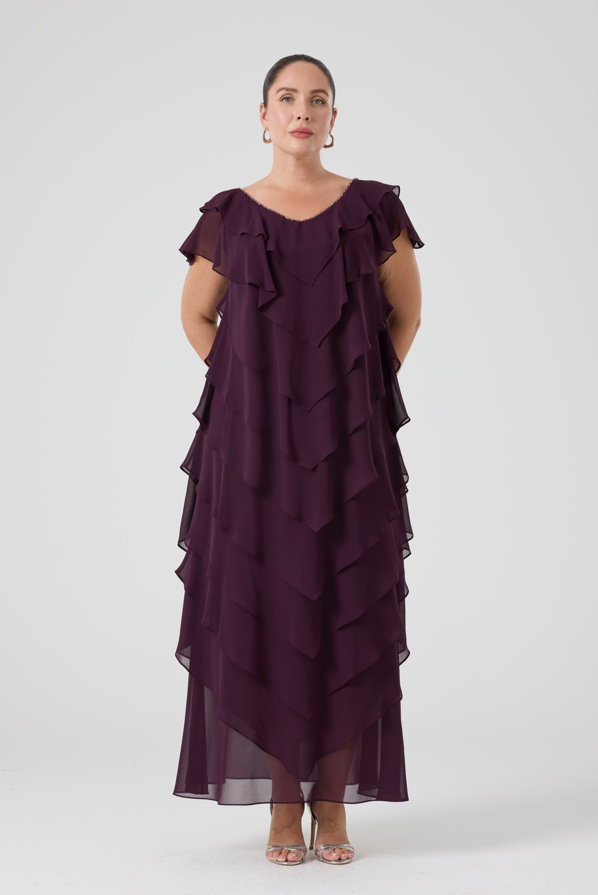 Fırfırlı Katlı Elbise - Mürdüm