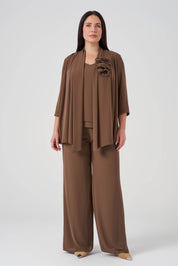 Çiçek Detaylı Ceket Atlet Pantolon 3'lü Takım - Kahve