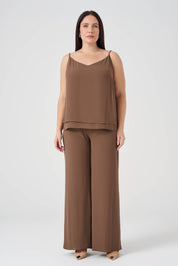 Çiçek Detaylı Ceket Atlet Pantolon 3'lü Takım - Kahve