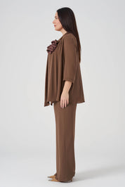 Çiçek Detaylı Ceket Atlet Pantolon 3'lü Takım - Kahve