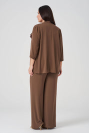 Çiçek Detaylı Ceket Atlet Pantolon 3'lü Takım - Kahve