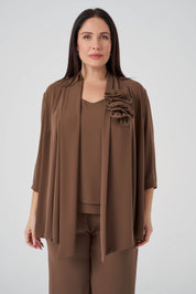 Çiçek Detaylı Ceket Atlet Pantolon 3'lü Takım - Kahve