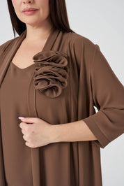 Çiçek Detaylı Ceket Atlet Pantolon 3'lü Takım - Kahve