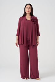 Çiçek Detaylı Ceket Atlet Pantolon 3'lü Takım - Vişne