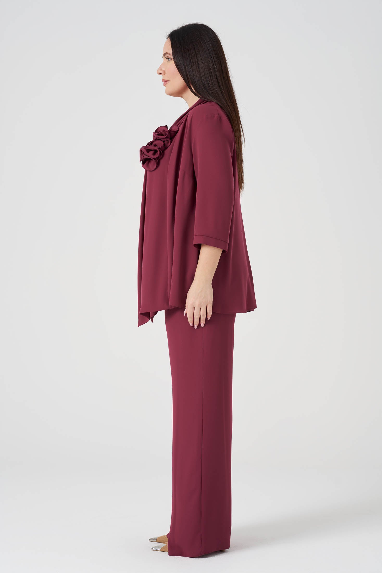 Çiçek Detaylı Ceket Atlet Pantolon 3'lü Takım - Vişne