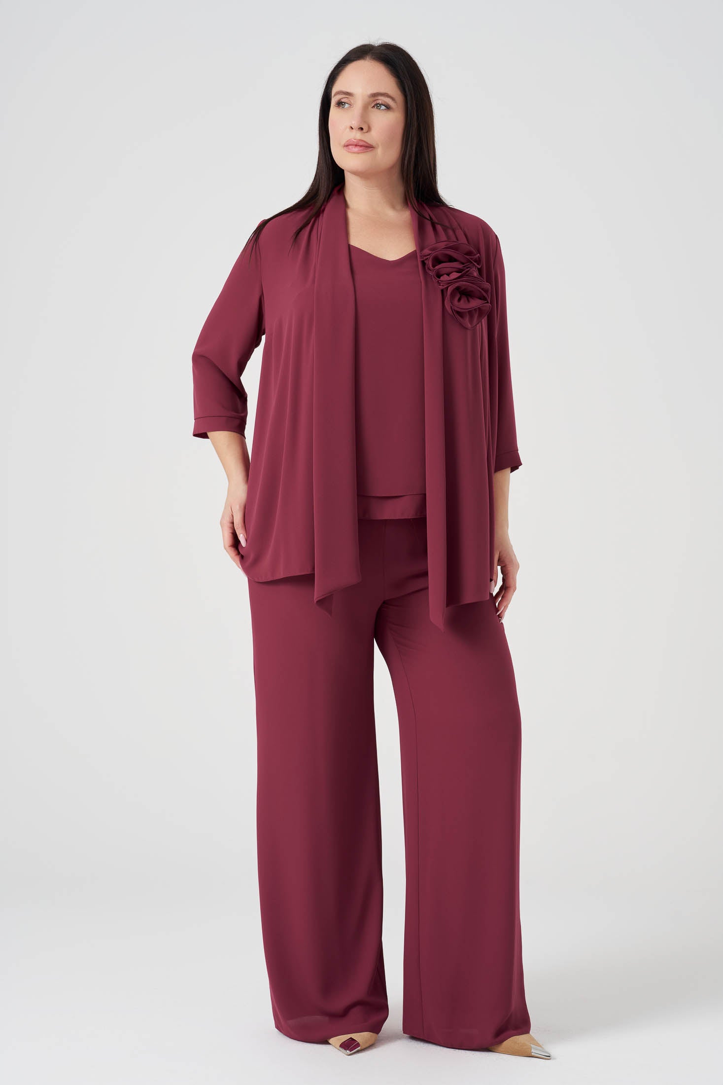 Çiçek Detaylı Ceket Atlet Pantolon 3'lü Takım - Vişne