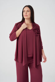 Çiçek Detaylı Ceket Atlet Pantolon 3'lü Takım - Vişne