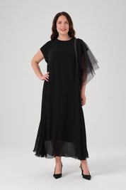 Kol Detaylı Şifon Elbise Siyah