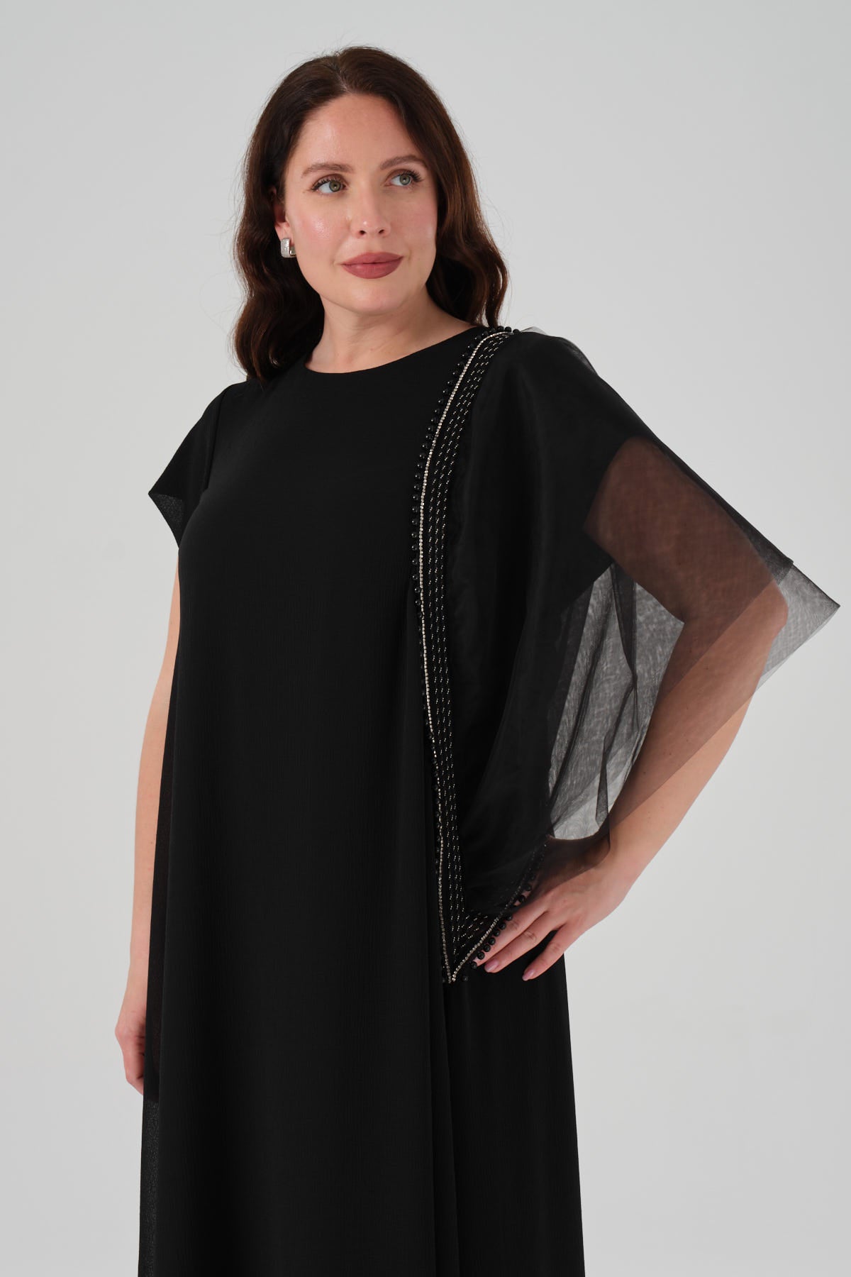 Kol Detaylı Şifon Elbise Siyah