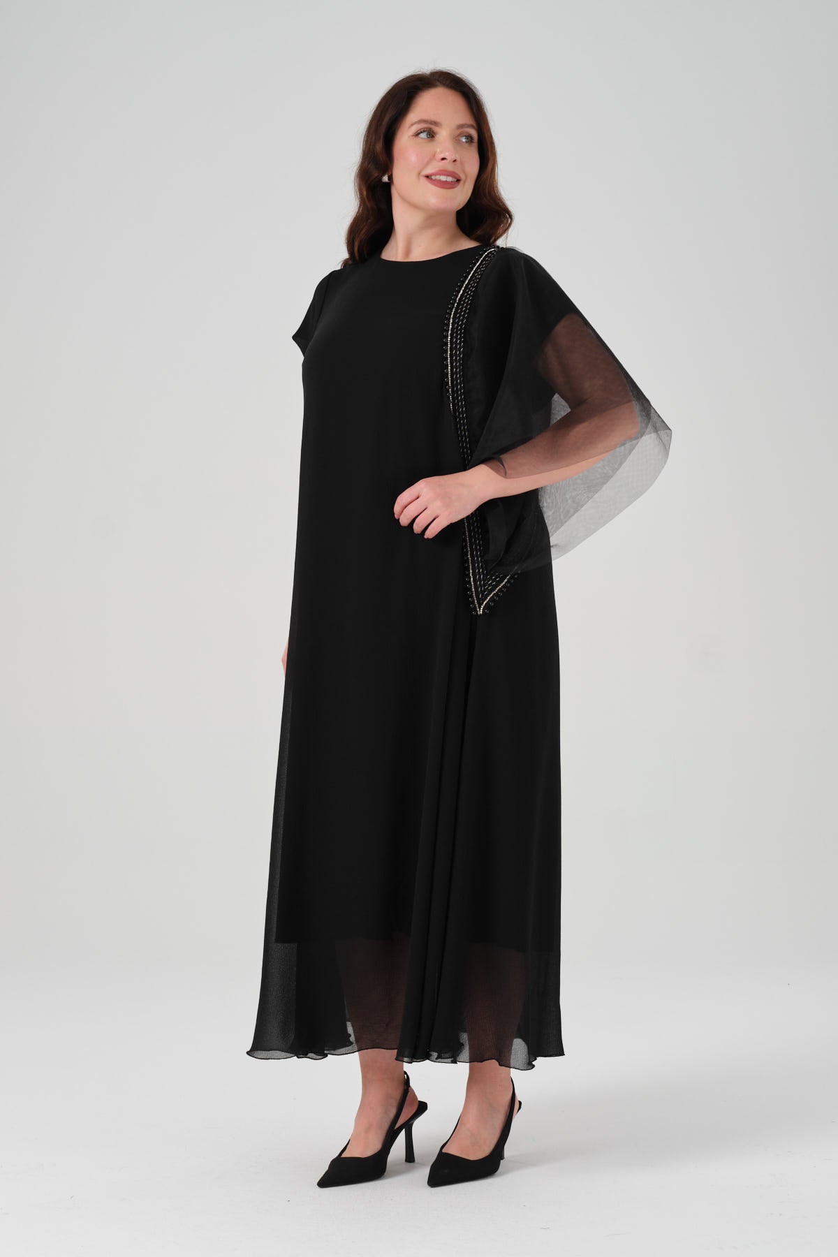 Kol Detaylı Şifon Elbise Siyah