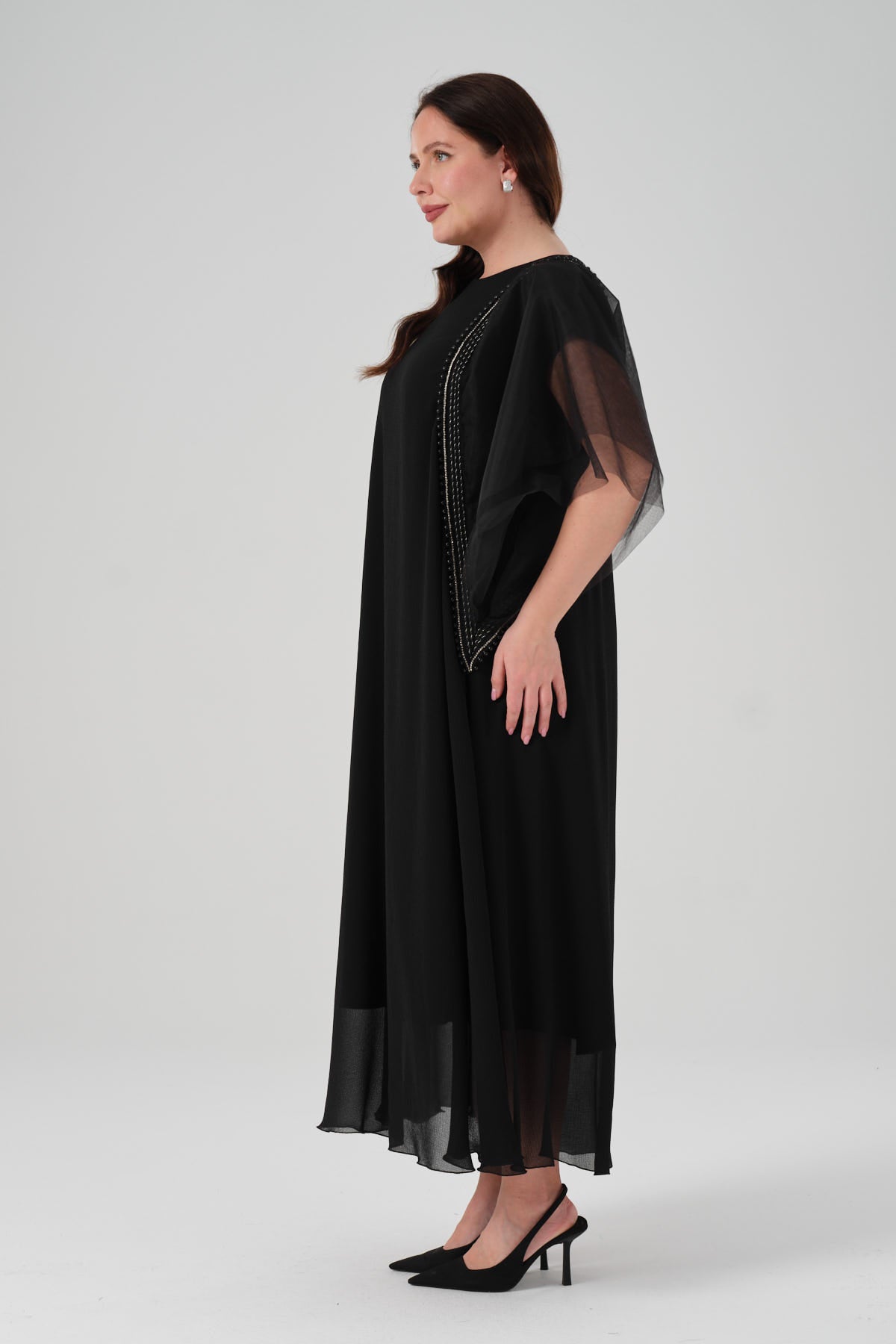 Kol Detaylı Şifon Elbise Siyah