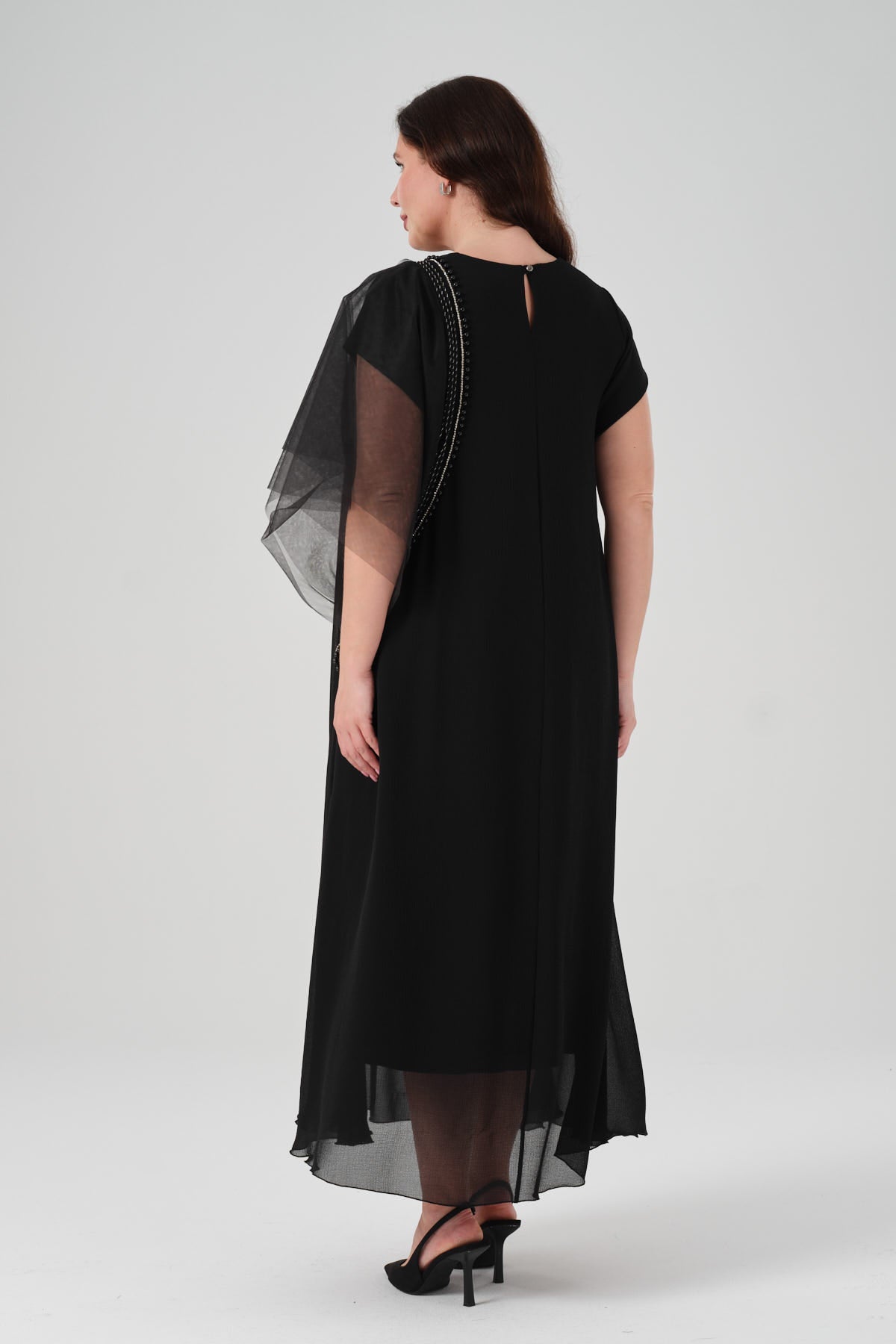 Kol Detaylı Şifon Elbise Siyah