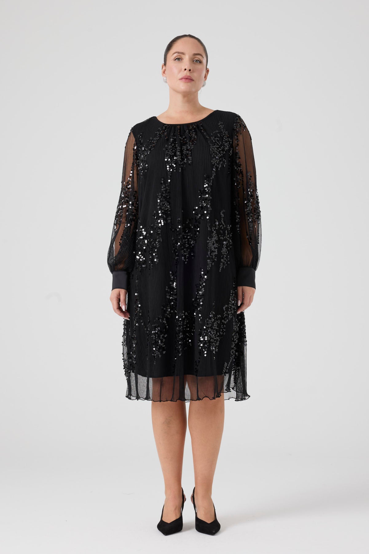 Payetli Piliseli Elbise Siyah