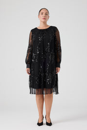 Payetli Piliseli Elbise Siyah