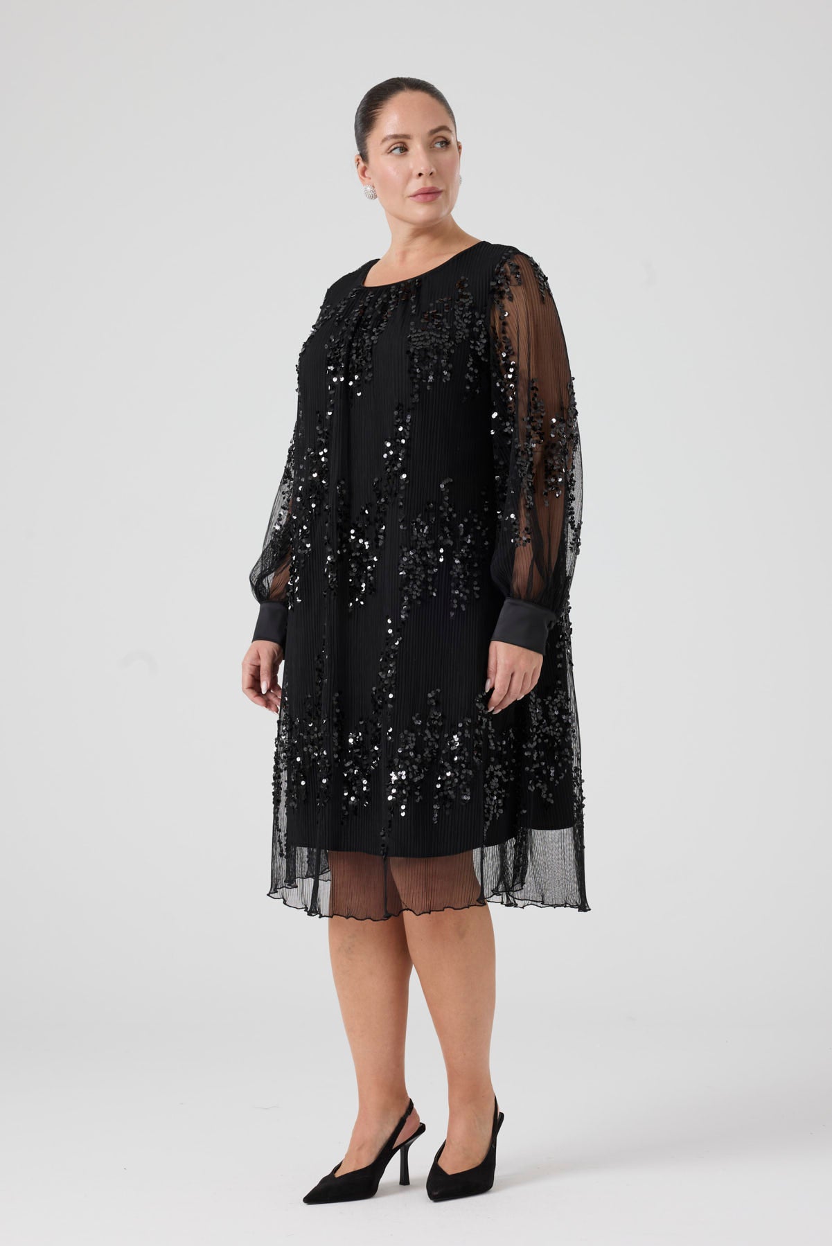 Payetli Piliseli Elbise Siyah