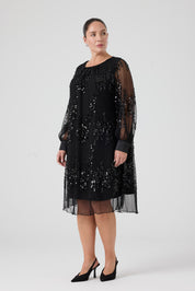 Payetli Piliseli Elbise Siyah