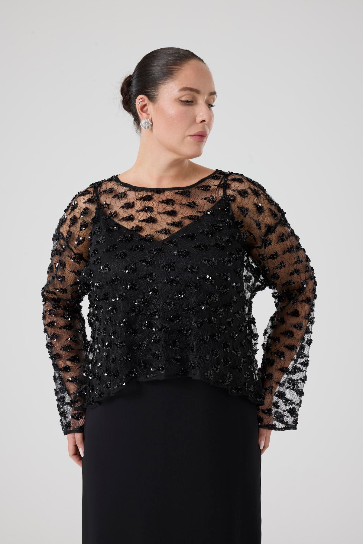 Payet Bluz - Uzun Yırtmaçlı Elbise İkili Takım Siyah