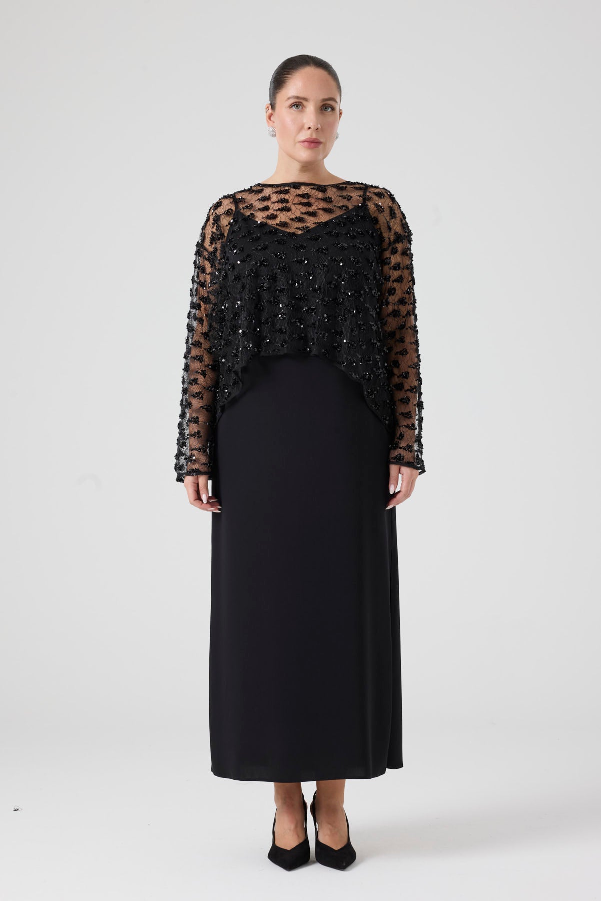 Payet Bluz - Uzun Yırtmaçlı Elbise İkili Takım Siyah