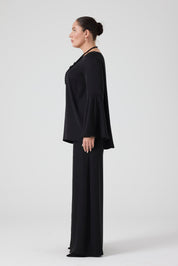 Volanlı Bluz - İşlemeli Yırtmaçlı Pantolon İkili Takım Siyah