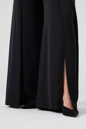 Volanlı Bluz - İşlemeli Yırtmaçlı Pantolon İkili Takım Siyah