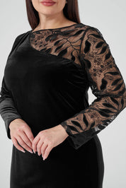 Kolu Dantelli Kadife Fit Elbise Siyah