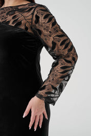 Kolu Dantelli Kadife Fit Elbise Siyah