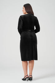 Kruvaze Kemerli Kadife Elbise Siyah