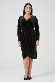 Kruvaze Kemerli Kadife Elbise Siyah